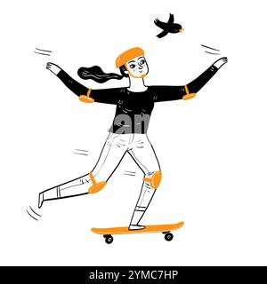 Pretty girl relaxing skateboarding. Hand drawing vector illustration line art. Stock Vector