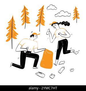 Ecosystem environment concept, Couple keep up plastic waste, Hand drawn vector Illustrations doodle style. Stock Vector