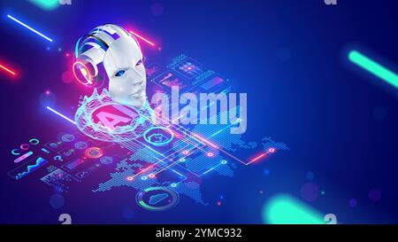 AI chat bot technology concept. Robot, chat bot head hanging over digital map of world. Development Artificial intelligence support service. AI chatbo Stock Vector