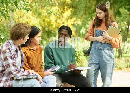 Studying Outdoors with Multiracial Group of Students Stock Photo