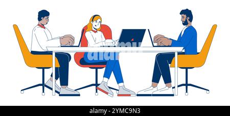 Business team of multiethnic employees working on laptops 2D cartoon characters Stock Vector