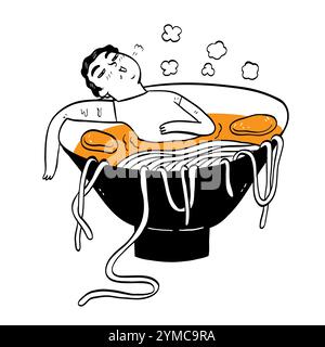 Man sleeping in a cup of udon. Hand drawn vector illustration Stock Vector
