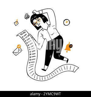 Portrait woman holding long to do list stressed out showing frustration. Negative human emotion face expression. Hand drawn vector illustration doodle Stock Vector