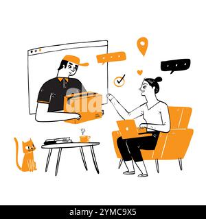Delivery courier man holding Parcel Box with web browsers. Fast online delivery service. Online order. Internet e-commerce. concept for website or ban Stock Vector