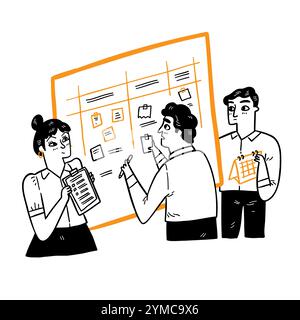 Developers team planning weekly schedule tasks on task board. Teamwork and collaboration concept. Task scheme whiteboard, schedule strategy. Hand draw Stock Vector
