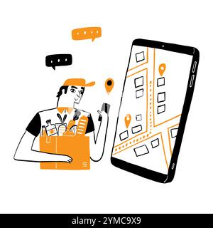 Delivery courier man holding Parcel Box with mobile phone. Fast online delivery service. Online order. Internet e-commerce. concept for website or ban Stock Vector