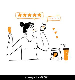 Woman ordering food online from home. Fast online delivery service. Online order. Internet e-commerce. concept for website or banner. Hand drawn Vecto Stock Vector