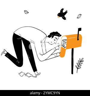 Business success concept, Young man opening a mailbox . Hand drawn vector illustration doodle. Stock Vector