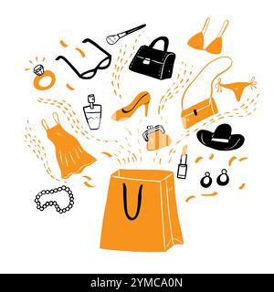 Many types of products ejected from a shopping bag. Hand drawn vector illustration doodle style. Stock Vector