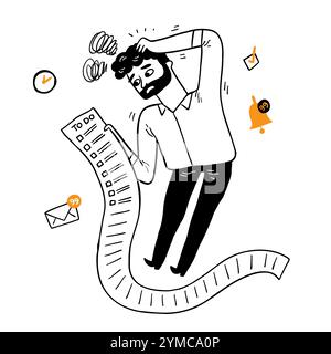 Portrait man holding long to do list stressed out showing frustration. Negative human emotion face expression. Hand drawn vector illustration doodle s Stock Vector