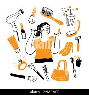 The pretty woman with cosmetic objects set, hand drawn vector elements Stock Vector