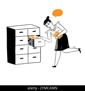Portrait of employees or an office business woman flicking through her clients files in an open filing cabinet, searching for and picking a file in an Stock Vector