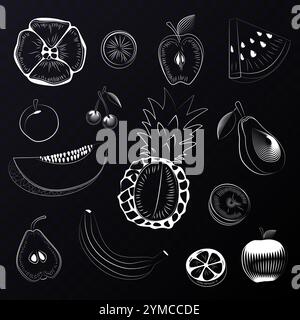 A set of fruits in a minimalist style. Designs for logos, posters. Linear vector illustration. White on a black background, Line Drawing Stock Vector