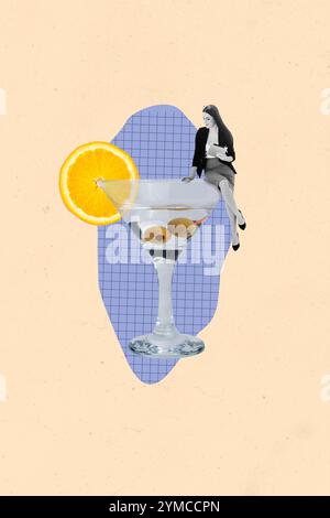 Vertical photo collage of serious girl sit martini glass beverage hold tablet lemon slice pub weekend rest isolated on painted background Stock Photo