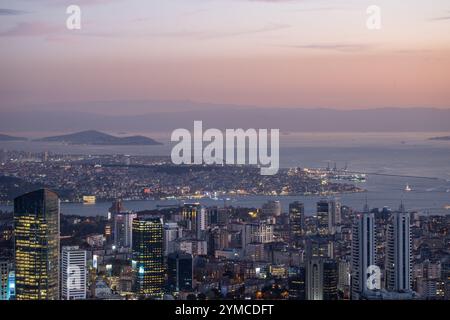 Istanbul panorama at sunset as seen from the Istanbul Sapphire in Turkey. Stock Photo