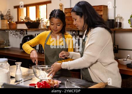 Baking together in kitchen, grandmother and asian female teenager preparing meal, at home Stock Photo