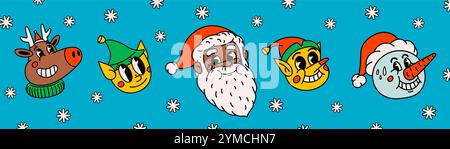 groovy Christmas cartoon characters Groovy vintage funny Santa Claus, deer, snowman and elf. Stock Vector