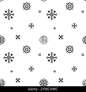 Christmas snowflake seamless pattern. Black snowflakes on white background. Perfect for wallpaper, gift paper, winter greeting cards. Pixel art Christ Stock Vector
