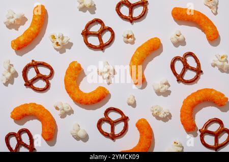 Overhead view of pretzels, cheese puffs and popcorn on white background Stock Photo