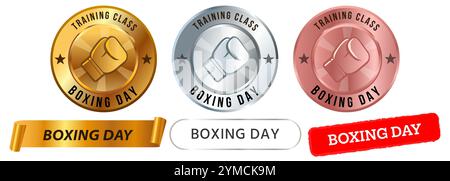 Boxing day sport class exercise celebrating fighting workout train boxer athlete event stamp colorful badges emblem medal label ribbon sticker design Stock Vector