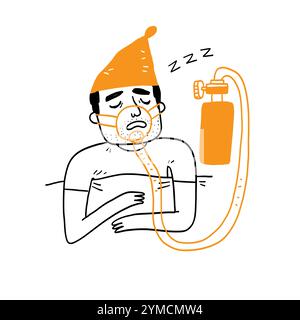 Young man wearing Cpap mask sleeping in bed, snoring man.Obstructive sleep apnea therapy. Cpap therapy, medical health, Sleep test, Good sleep, Machin Stock Vector