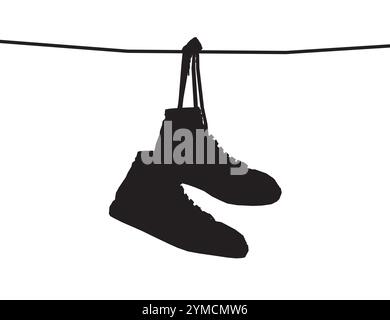 Silhouette Sneakers hanging from a rope on the white background. Vector illustration. Stock Vector