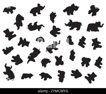 Background with many silhouettes of plush toys isolated on white background. Toys Elephants and bears. Vector illustration. Stock Vector