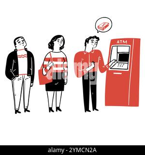 People queued to use the kiosk or ATM, Hand drawn Vector Illustration doodle style. Stock Vector