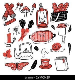 Cottage core set elements, isolated on white background. Hand drawn vector illustration doodle style. Stock Vector