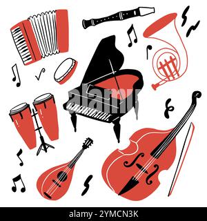 Musical instrument set. Can be used for orchestra, acoustic concert, music, school concept. Hand drawn vector illustration doodle style. Stock Vector