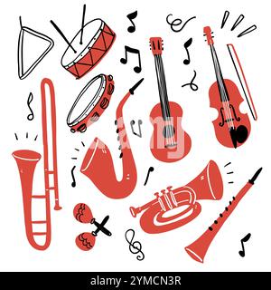 Musical instrument set. Can be used for orchestra, acoustic concert, music, school concept. Hand drawn vector illustration doodle style. Stock Vector