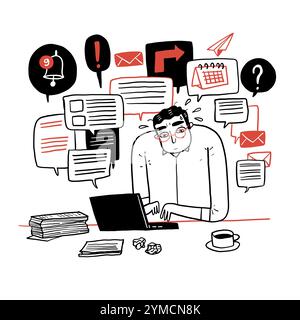 The man obsessed with work. Hand drawn vector illustration. Stock Vector