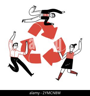The young conservationists with recycle sign. Hand drawn vector illustration. Stock Vector