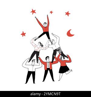 Business concept a leader corporate of success, People are do a pyramid of acrobats up to the sky. Hand draw vector illustration Stock Vector