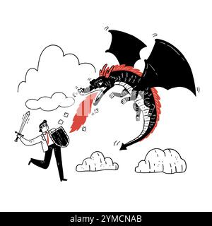 Business concept illustration of a businessman fighting a dragon. Risk, courage, leadership in business concept. Hand drawn vector illustrations. Stock Vector