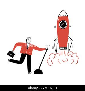 Businessman launches rocket into the sky, employee performs the start-up of the spacecraft. Business startup concept, Hand drawn vector illustration d Stock Vector