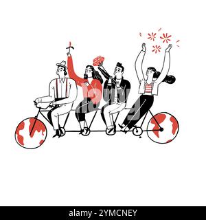 Group of people riding bicycle together. Tandem bicycle teamwork concept illustration. Stock Vector