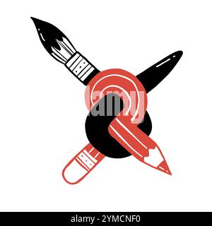 The pen and pencil roll together, Hand drawn vector illustration doodle style. Stock Vector
