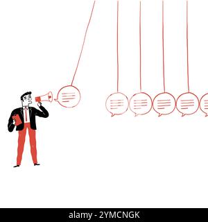 Businessman in front of newton's cradle with a chat bubble, effect of speech or communication, Gossip and fake news. Hand drawn vector illustration do Stock Vector