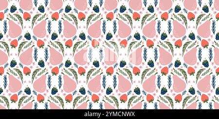 Seamless Fruit and Floral Pattern with Pears, Strawberries, Blackberries, Green Leaves, and Pink Flowers on White Background for Vibrant Decorative Designs Stock Vector