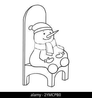 Cute Snowman in a hat, scarf and mittens sits on a big chair waiting for the New Year. New Year card. Vector storybook for kids. Vector clipart. Stock Vector