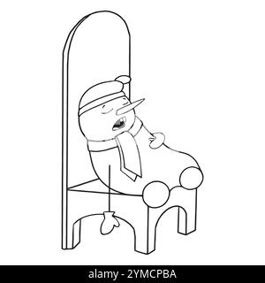 Cute Snowman in a hat, scarf and mittens fell asleep on a big chair waiting for the New Year. New Year card. Vector storybook for kids. Vector clip Stock Vector