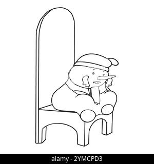 Cute Snowman in a hat, scarf and mittens sits on a big chair waiting for the New Year. New Year card. Vector storybook for kids. Vector clipart. Stock Vector