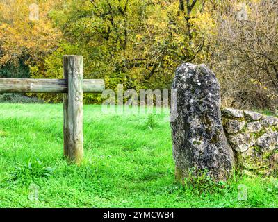 Redundant tall stone gatepost after gate removed - Angles-sur-l'Anglin, Vienne (86), France. Stock Photo