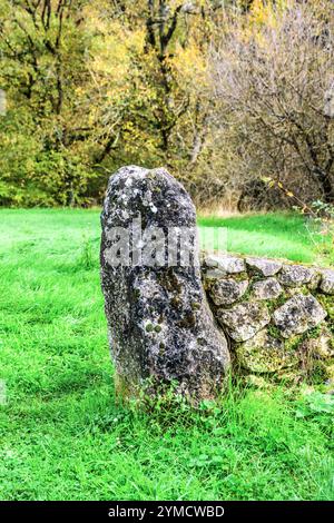 Redundant tall stone gatepost after gate removed - Angles-sur-l'Anglin, Vienne (86), France. Stock Photo