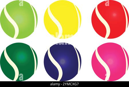 Set of Six Balls Set Green, Yellow, Red, Dark Green, Blue and Pink Isolated on white Transparent Background Stock Vector