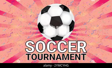 Soccer Tournament with Red Sunburst and Confetti Background and realistic Football Ball in 3d Look Stock Vector