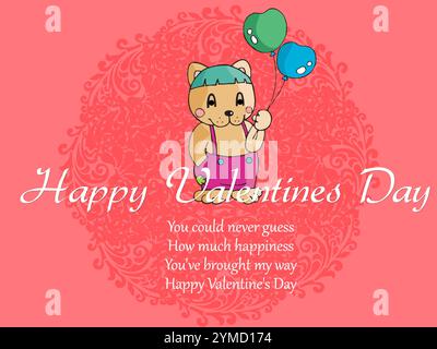 Cartoon bear holding two balloons and the words Happy Valentine's Day. The bear is wearing a pink shirt and blue pants. Highlighted with Loving Quote Stock Vector
