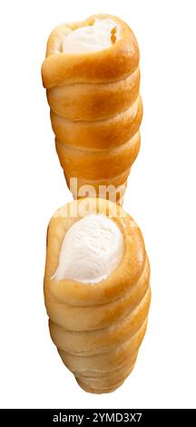 Top view of two puff pastry cream horns is isolated on white background with clipping path. Stock Photo