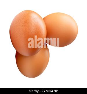Top view of three brown chicken eggs in stack is isolated on white background with clipping path. Stock Photo